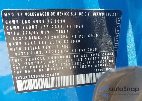 2022 Volkswagen Taos 1.5T Sel from USA, damaged, VIN 3VVJX7B29NM024410